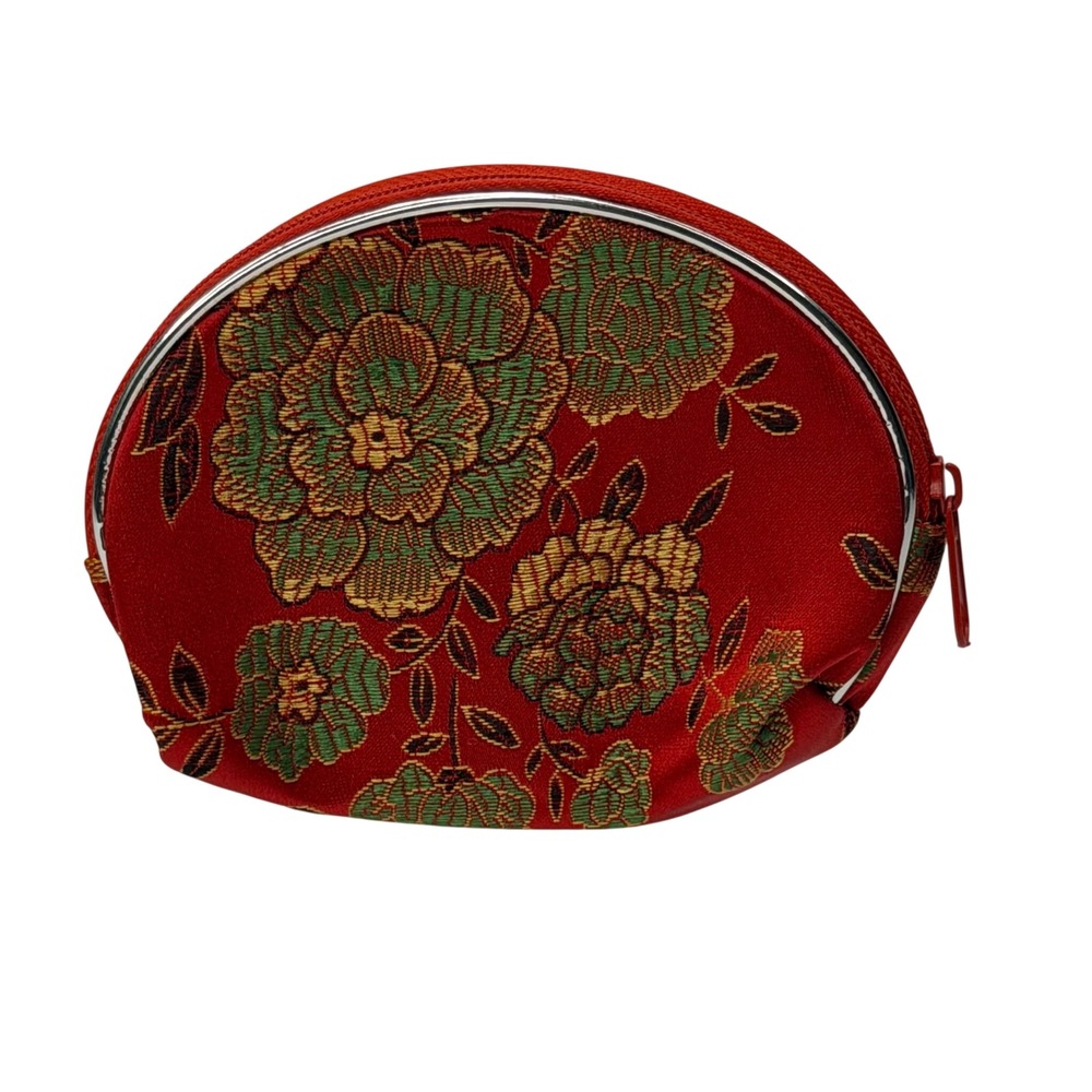 Red Floral Brocade Coin Purse Small Zippered Pouch Gold Green‎ Asian Style